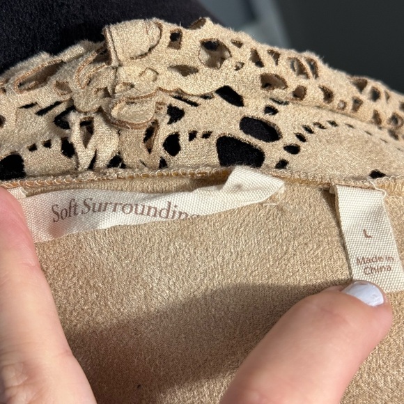 Suede Soft Surroundings Laser Cut Cardigan L Tan Boho Cottagecore - Picture 2 of 6
